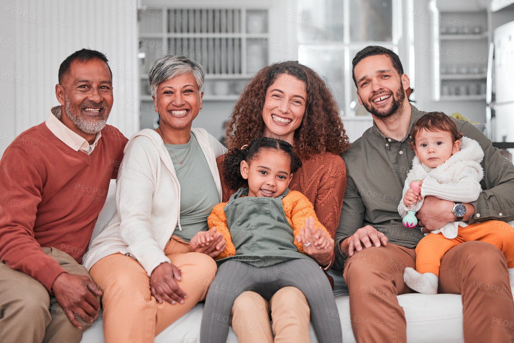 Buy stock photo Family, portrait and children happiness in a home with mother, grandparents and baby together. Parent love, smile and dad with elderly people and child in a house living room with support and care