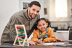 Education, homework and portrait of father with child for helping, learning and lesson at home. Happy family, school and happy dad and girl with book, educational toys and  abacus for maths class