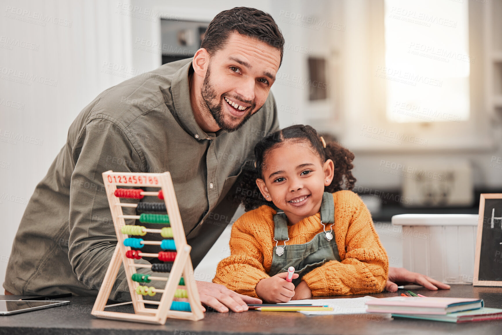 Buy stock photo Education, homework and portrait of father with child for helping, learning and lesson at home. Happy family, school and happy dad and girl with book, educational toys and  abacus for maths class