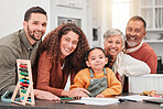 Education, homework and portrait of family with child for helping, learning and lesson at home. Grandparents, parents and happy girl with book, educational toys and  abacus for maths, study and class