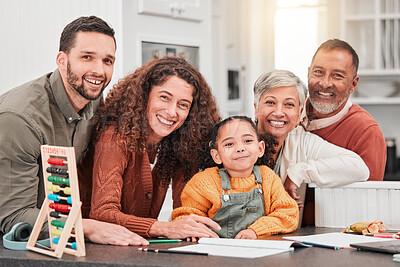 Buy stock photo Education, homework and portrait of family with child for helping, learning and lesson at home. Grandparents, parents and happy girl with book, educational toys and abacus for maths, study and class