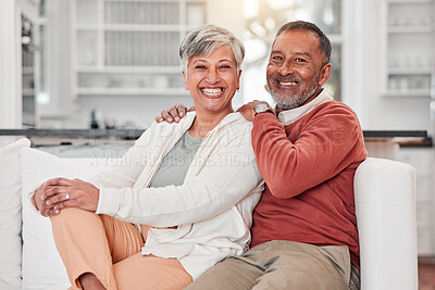 Buy stock photo Couple, senior portrait and smile in home living room, bonding and having fun in retirement together on sofa. Love, happiness and elderly man and woman relax on couch, care and enjoying quality time.