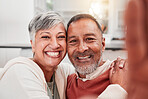 Selfie, smile and a portrait of a mature couple together for a memory, bonding and quality time. Happy, affection and faces of a man and woman taking a photo at home for relationship memories