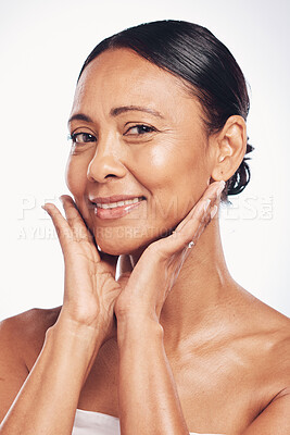 Buy stock photo Senior woman in portrait, face with beauty and antiaging skincare, natural cosmetics isolated on studio background. Happy female, cosmetic care for aging skin and smile with dermatology and hygiene