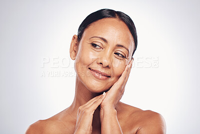 Buy stock photo Senior woman, beauty and antiaging skincare, natural cosmetics and face isolated on studio background. Happy female, cosmetic care for aging skin and smile with dermatology and hygiene mockup