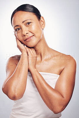 Buy stock photo Elderly woman in portrait, beauty and antiaging skincare, natural cosmetics and face isolated on studio background. Female hygiene, cosmetic care treatment for aging skin and dermatology with glow