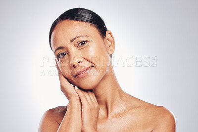 Buy stock photo Skincare, senior and portrait of woman in studio for beauty, facial and spa treatment. Glow, cosmetics and mature with female model on white background for anti aging, natural and self care