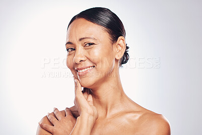 Buy stock photo Beauty, mature and portrait of woman in studio for skincare, facial and spa treatment. Smile, cosmetics and mature with female model on white background for anti aging, natural glow and self care