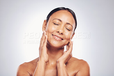 Buy stock photo Old woman, smile on face and antiaging skincare, beauty and dermatology with natural cosmetics isolated on studio background. Female eyes closed, hands and wellness with cosmetic care and skin glow