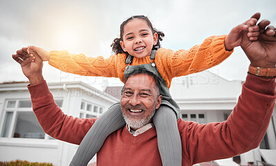 Buy stock photo Shoulder hug and portrait of grandfather and girl for bonding, playful and affectionate. Weekend, free time and happiness with family on lawn at home for support, care and holiday together