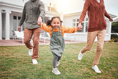 Buy stock photo Child, new home and parents playing in portrait and outside for house bonding together on lawn or grass feeling excited. Holding hands, mother and father with little girl, kid or daughter having fun