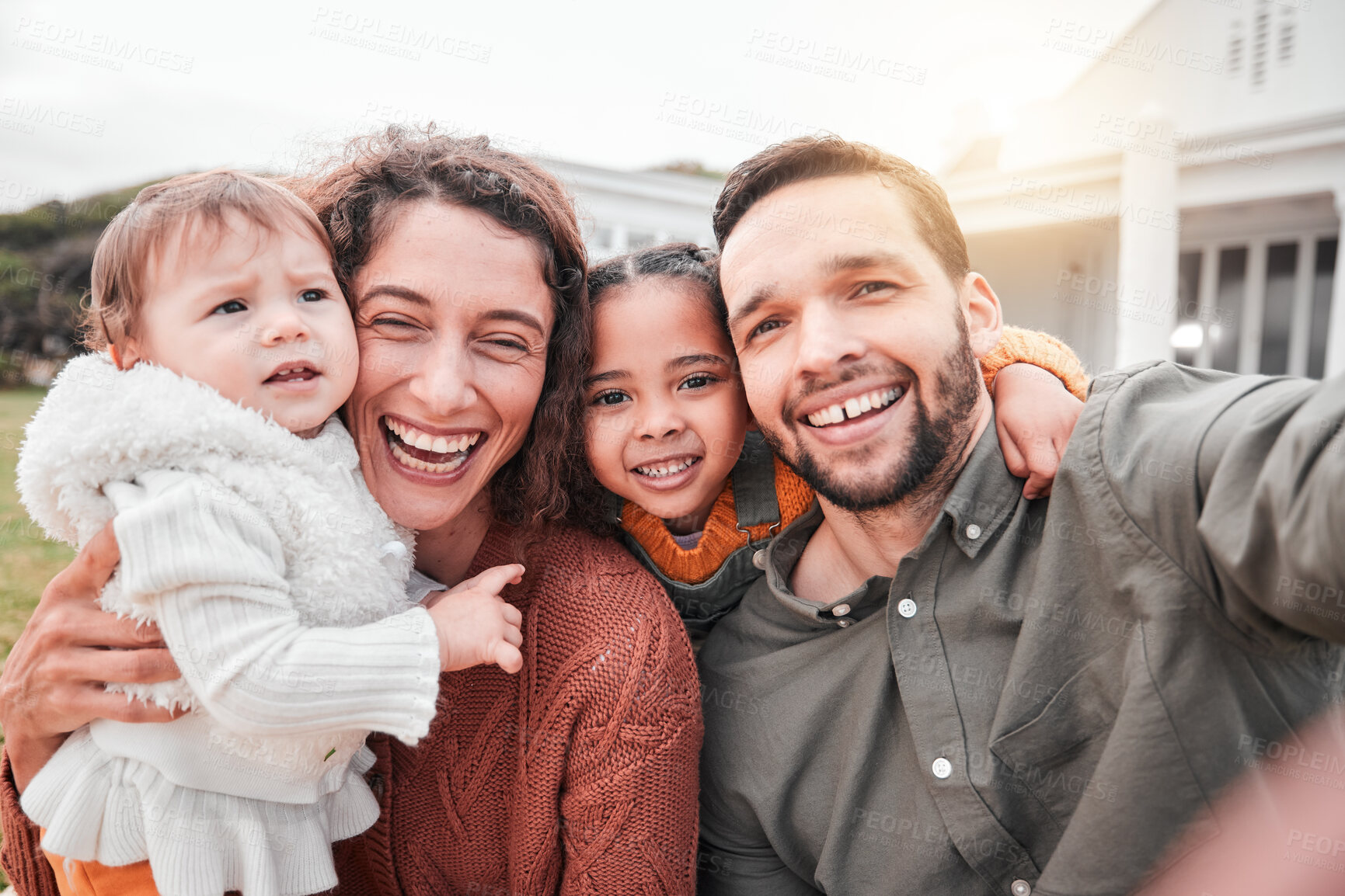 Buy stock photo Selfie, family and children outdoor with their parents in summer for a photograph to make memories together. Portrait, love or profile picture with a mother, father and kids bonding in a home garden