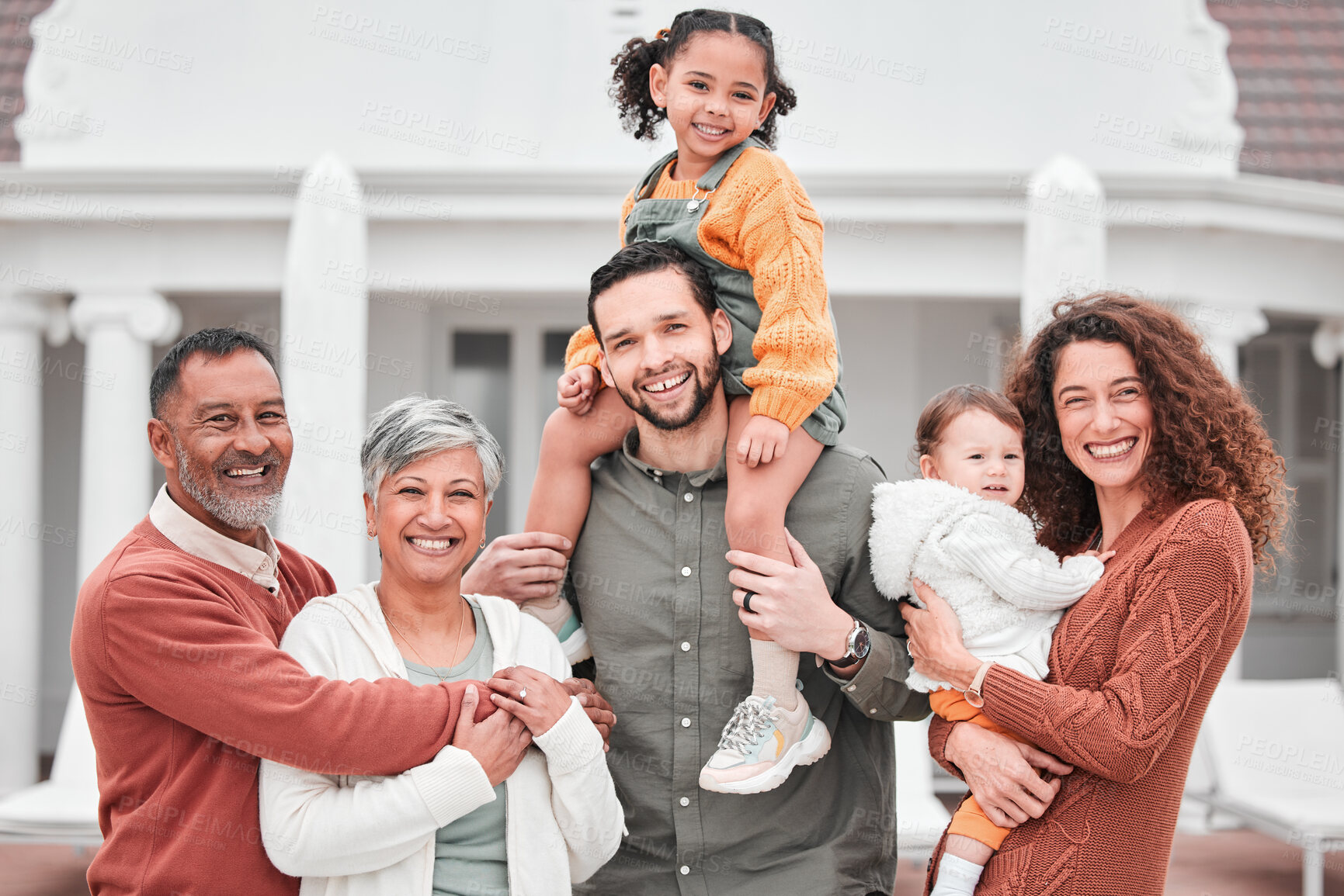 Buy stock photo Portrait, big family with smile and piggy back at new home, grandparents and parents with kids in happiness and security. Happy men, women and children in backyard together with love outside house.