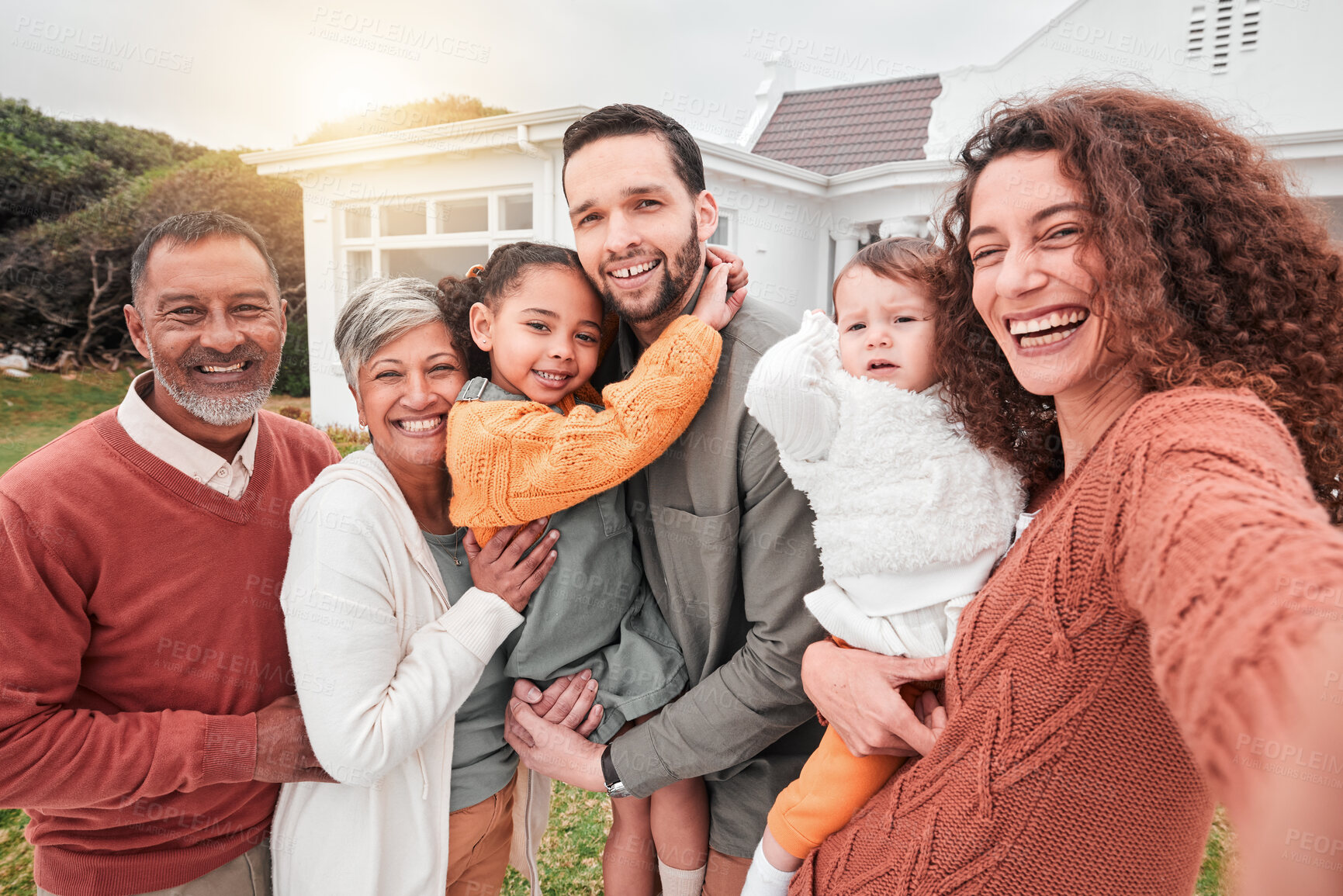 Buy stock photo Happy, smile and selfie with big family on lawn of home for social media, bonding and affectionate. Happiness, photo and grandparents with children and parents for picture, portrait and break