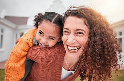 Buy stock photo Smile, piggy back and happy woman with child in yard of new house, happiness and adoption at family home. Interracial mom and girl bonding in backyard together with love and outdoor fun on weekend.