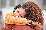 Portrait, mother and girl hug, smile and bonding with quality time, carefree and happiness. Love, mama and daughter embrace, female child and kid with mom, parent and affection with care and joyful 