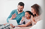 Love, video call and family in bed, smile or conversation online with tablet, bonding or chatting. Parents, mother or father with daughter, girl or female child in bedroom, device or greeting in home