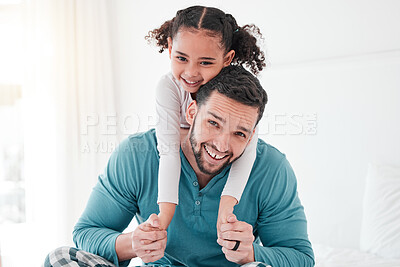 Buy stock photo Morning, portrait and father with daughter in bedroom for happy, bonding and wake up. Smile, relax and playful with little girl hugging man at home for affectionate, support and free time on weekend