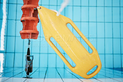 Buy stock photo Above, water and a buoy in a pool for a lifeguard, life saving and safety. Board, summer and equipment for protection, security and danger while swimming, rescuing and protecting from drowning