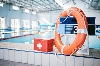 Buy stock photo First aid, swimming pool and sports with health and medical equipment, help and safety with buoy and box for emergency. Fitness, safety with kit for protection and healthcare during water sport