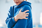 Hands, arm pain and injury after exercise, training or workout accident, inflammation or arthritis. Sports, athlete or woman with fibromyalgia, tendinitis or broken bones after exercising or practice