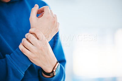 Buy stock photo Hands, wrist pain or woman with injury after fitness exercise, sports training or workout accident. Closeup, injured athlete or girl with fibromyalgia, muscle tendinitis or broken bone on mock up