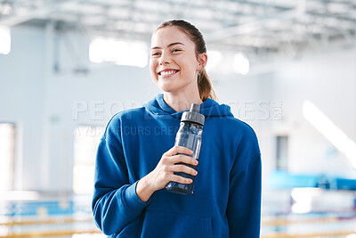 Buy stock photo Swimmer, sports of happy woman drinking water to relax after exercise, workout or training on break. Hydrate, athlete fitness or girl smiling with happiness, motivation or liquid bottle for hydration