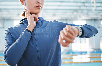 Buy stock photo Hands, smart watch and woman at swimming pool for heart rate, pulse and fitness. Sports, swimmer and person check wristwatch for tracking workout performance, exercise progress and training target.