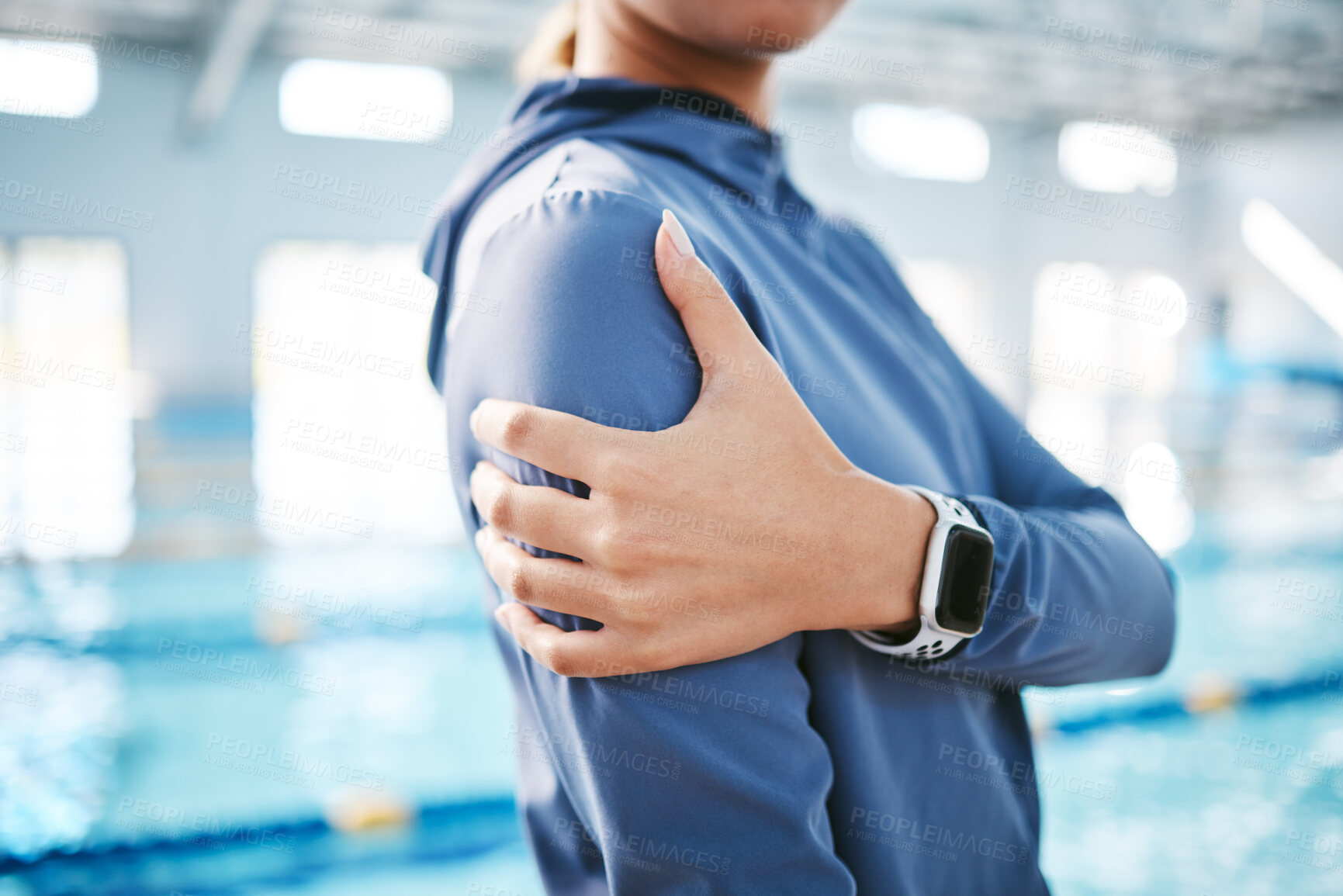 Buy stock photo Woman, shoulder pain or closeup of swimmer with injury after exercise, training or workout accident. Hands, sports athlete or injured person with tendinitis, muscle or broken bone in practice by pool