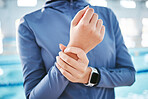 Hands, wrist pain or girl swimmer with injury after exercise, training or workout accident in practice. Closeup, sports athlete or woman with fibromyalgia, tendinitis or broken bone inflammation 