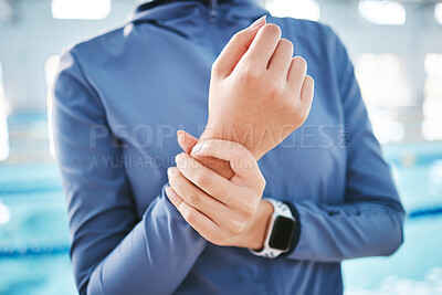 Buy stock photo Hands, wrist pain or girl swimmer with injury after exercise, training or workout accident in practice. Closeup, sports athlete or woman with fibromyalgia, tendinitis or broken bone inflammation 