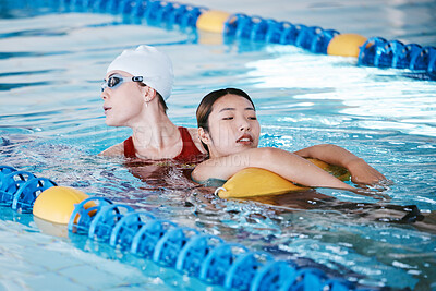 Buy stock photo Swimming pool rescue, or woman with lifeguard for help in emergency, drowning accident or dangerous event. Fitness safety, healthcare or person saving life of Asian girl swimmer or victim in water