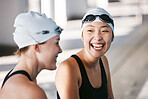 Swimming team, women and happy with sports and fitness, athlete at pool with laughter and fun during training. Female swimmer, friends and trust with happiness, exercise with water sport and workout