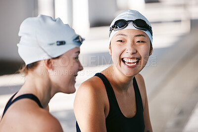 Buy stock photo Swimming team, women and happy with sports and fitness, athlete at pool with laughter and fun during training. Female swimmer, friends and trust with happiness, exercise with water sport and workout