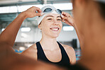 Sports cap, women or friends in swimming pool training, workout and exercise for wellness together. Face of girl athlete, start or happy swimmers smiling or bonding in fitness or healthy lifestyle. 