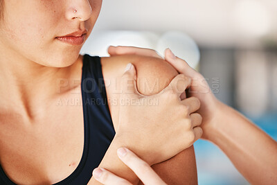 Buy stock photo Woman, shoulder pain or girl swimmer with injury after exercise, training or workout accident in practice. Helping hands, sports athlete or closeup of person with tendinitis, muscle or broken bone 