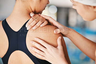 Buy stock photo Closeup, shoulder pain or girl swimmer with injury after exercise, training or workout accident emergency. Helping hands, sports women or injured woman with back muscle or broken bone inflammation