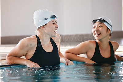 Buy stock photo Swimming pool, sports and women laughing in water, joke and funny comedy after exercise. Swimmer, happiness and friends or girls talking, laughter and comic discussion with humor after training.