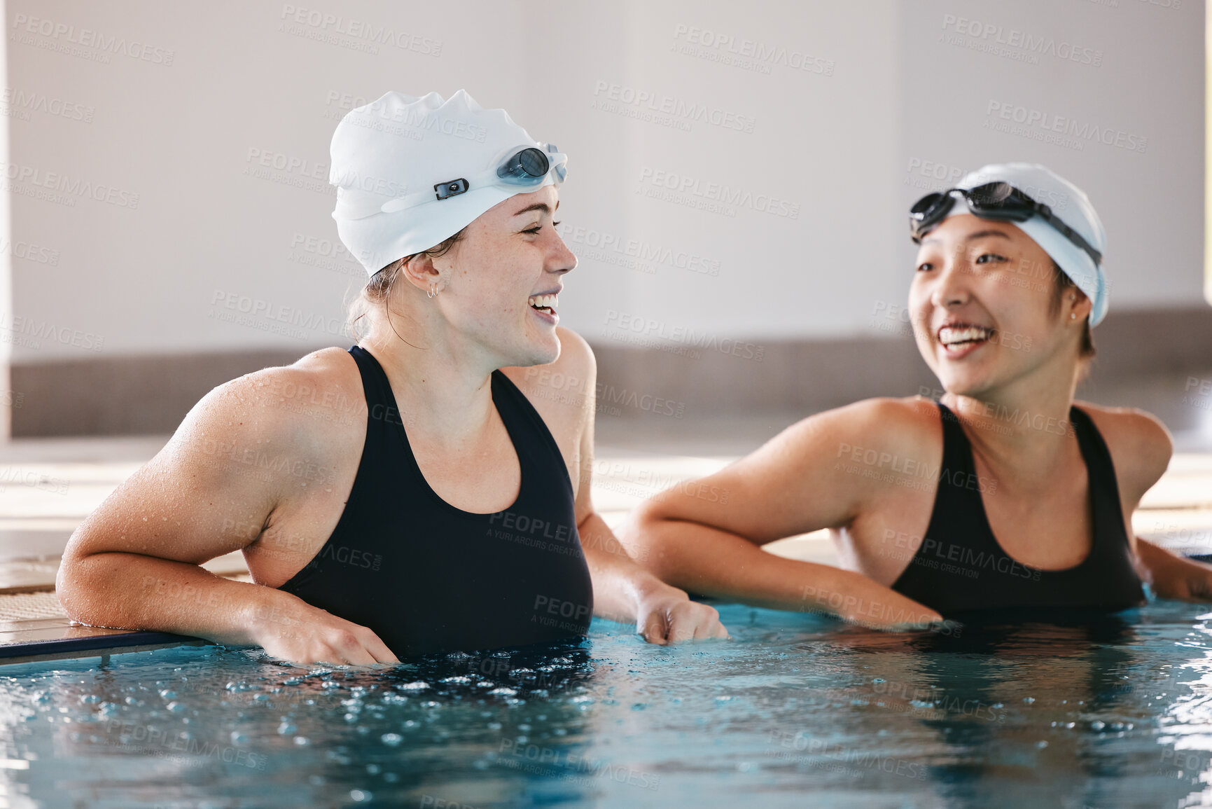 Buy stock photo Swimming pool, sports and women laughing in water, joke and funny comedy after exercise. Swimmer, happiness and friends or girls talking, laughter and comic discussion with humor after training.