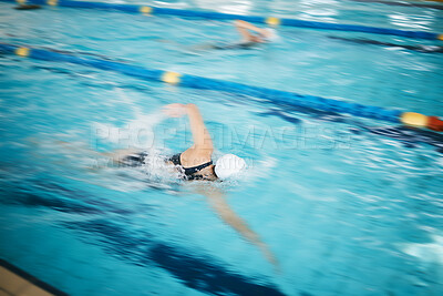 Buy stock photo Sports, water splash or women in swimming pool for a race competition, exercise or cardio workout. Fast swimmers, freestyle stroke or healthy girl athletes racing with fitness speed or motivation