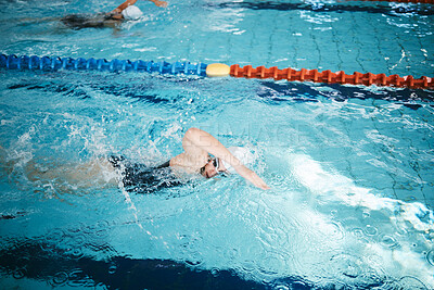 Buy stock photo Race, sports and people swimming in a pool for cardio, competition and training. Fitness, exercise and athletes in the water for recreation, a hobby or practicing laps for sport and a workout