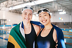 Sports women, portrait or friends in swimming pool on relaxing break in training, workout or exercise for fitness. Healthy athlete swimmers, flag or happy girls hugging, smiling or bonding together