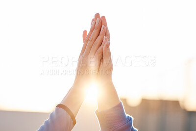 Buy stock photo High five, fitness and hands in sky for teamwork, goals or collaboration training, team building and support. Athlete personal trainer, woman partner or people with success hand sign together in sun