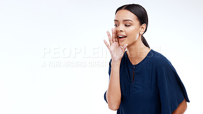 Buy stock photo Woman, smile and whispering hand with announcement against a white studio background. Female, person and entrepreneur with gossip news, talking and communication for information, details and mockup