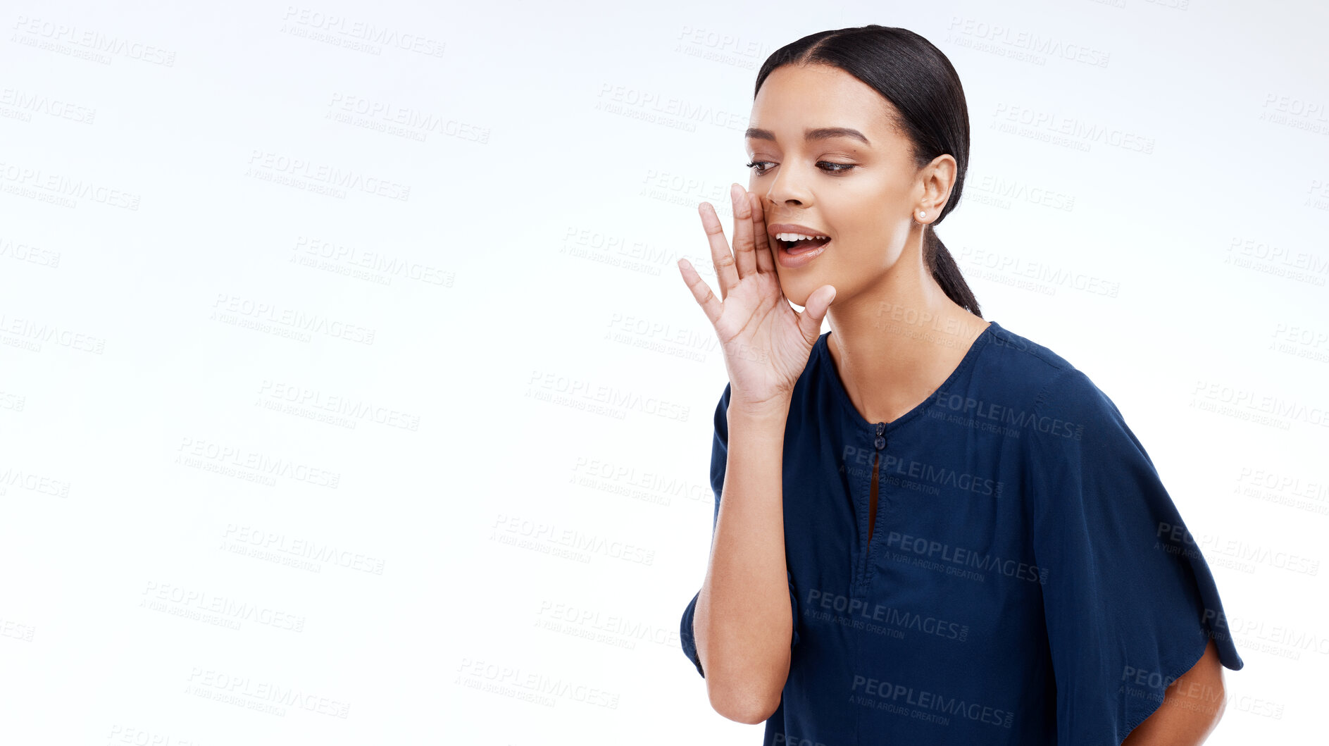 Buy stock photo Woman, smile and whispering hand with announcement against a white studio background. Female, person and entrepreneur with gossip news, talking and communication for information, details and mockup