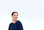 Woman, smile and studio with a happy modern female looking at mockup for advertisement. Happiness, joy and gen z female relax with youth and smiling with isolated white background and mock up