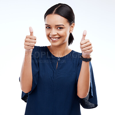 Buy stock photo Thumbs up, portrait and woman isolated on a white background success, thank you and support, like or vote. Winner business person with yes, ok and agreement hands sign or emoji for winning in studio