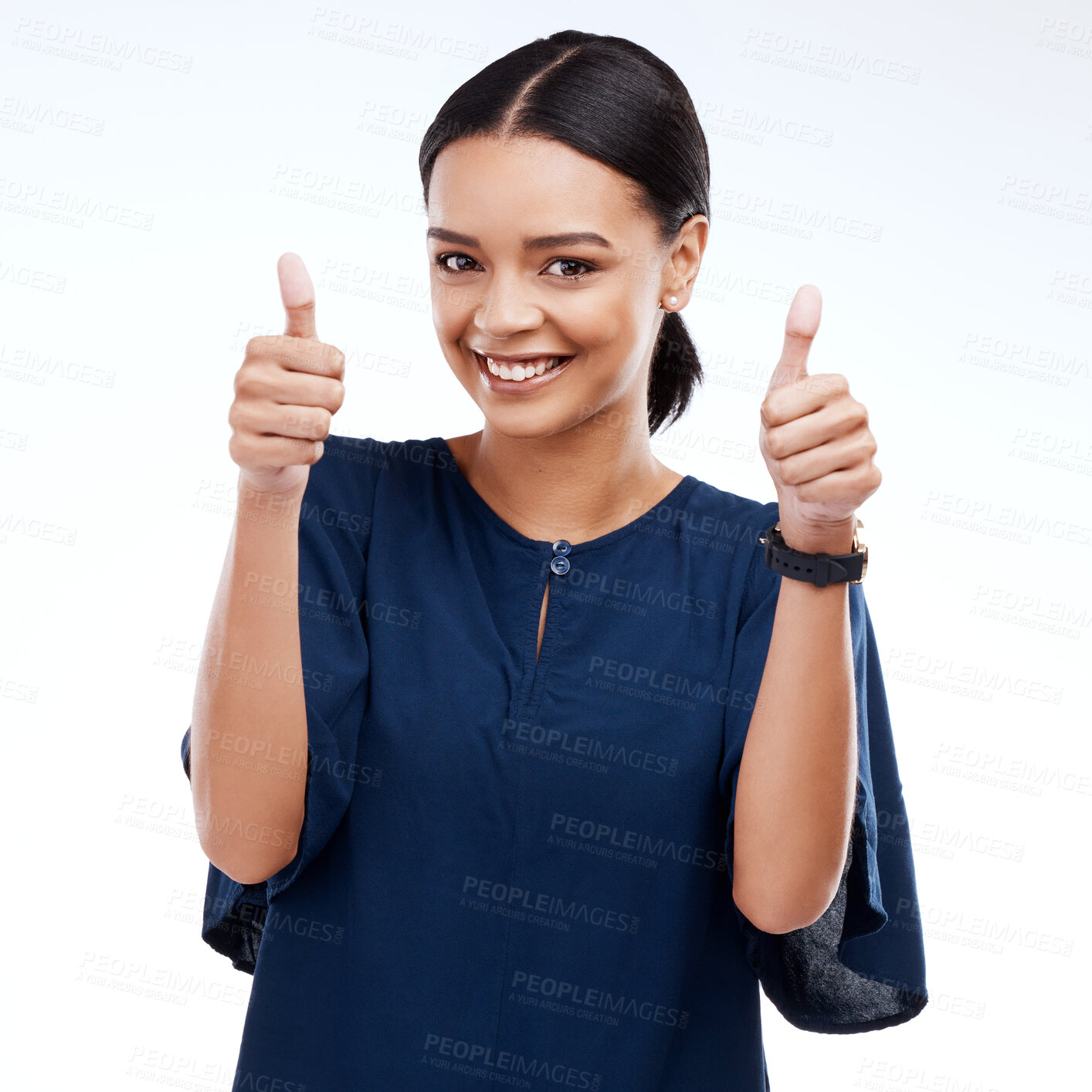 Buy stock photo Thumbs up, portrait and woman isolated on a white background success, thank you and support, like or vote. Winner business person with yes, ok and agreement hands sign or emoji for winning in studio