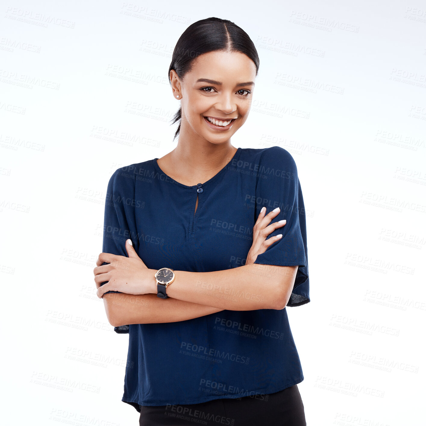 Buy stock photo Portrait, business and woman with smile, arms crossed and consultant isolated on a white studio background. Face, female employee and happy entrepreneur with happiness, growth and professional skills