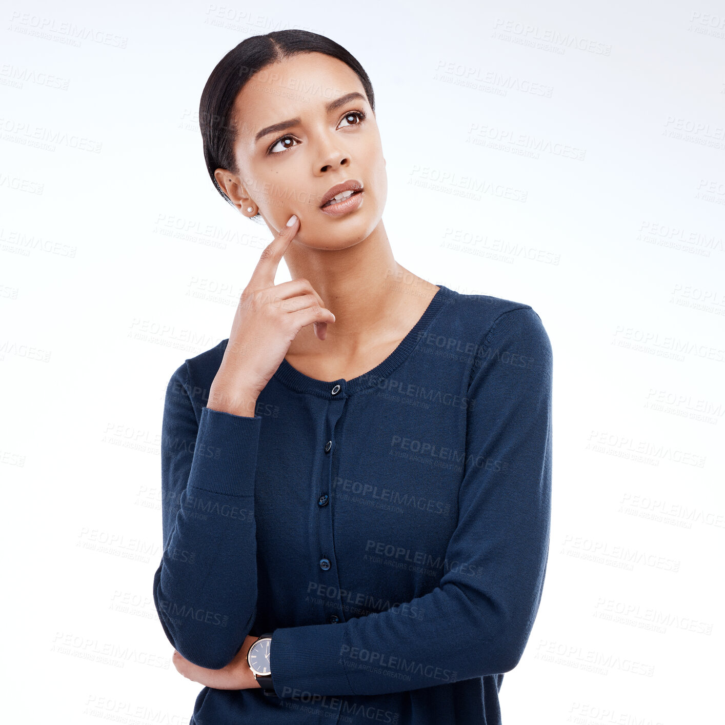 Buy stock photo Thinking, studio idea and woman contemplating decision, problem solving solution or planning ideas. Pensive, thoughtful and person focus on plan, strategy or choice isolated on white background